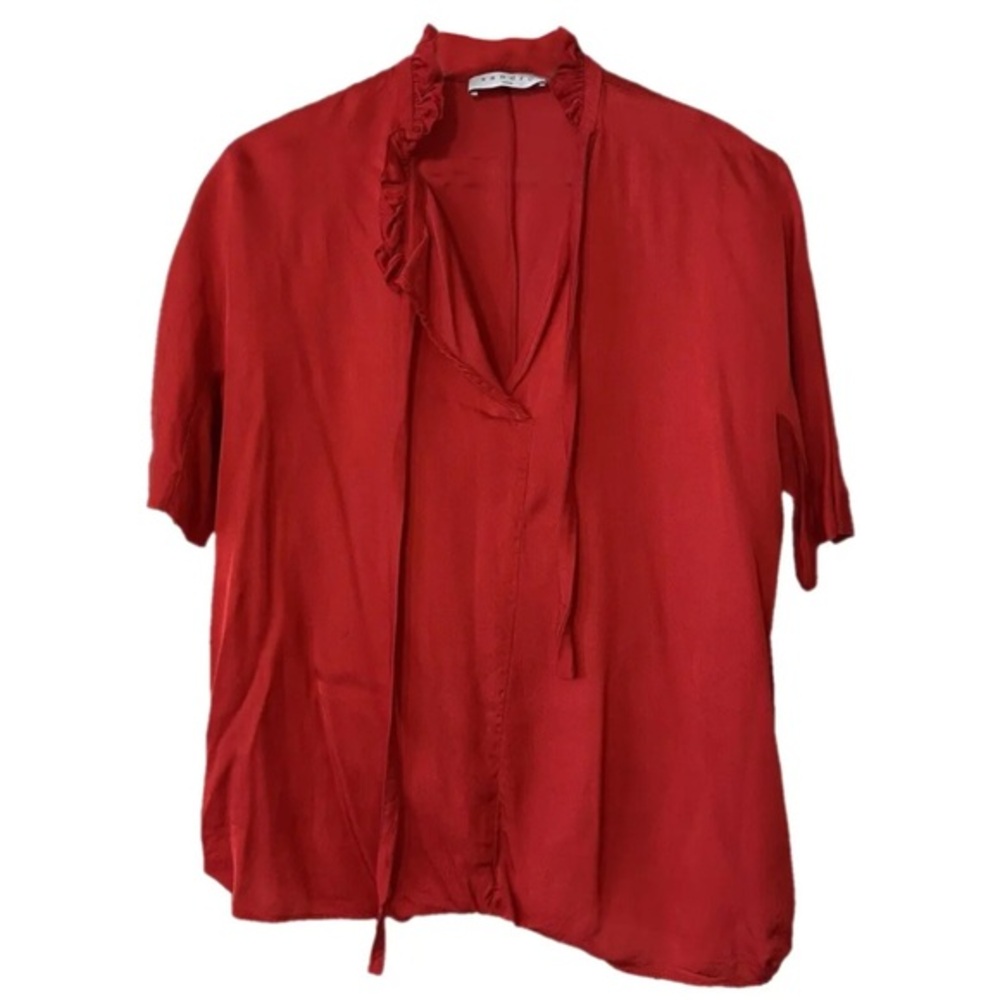 Sandro Red Angie Satin Asymmetric Tie
Neck Short Sleeve Blouse Size 1 Small